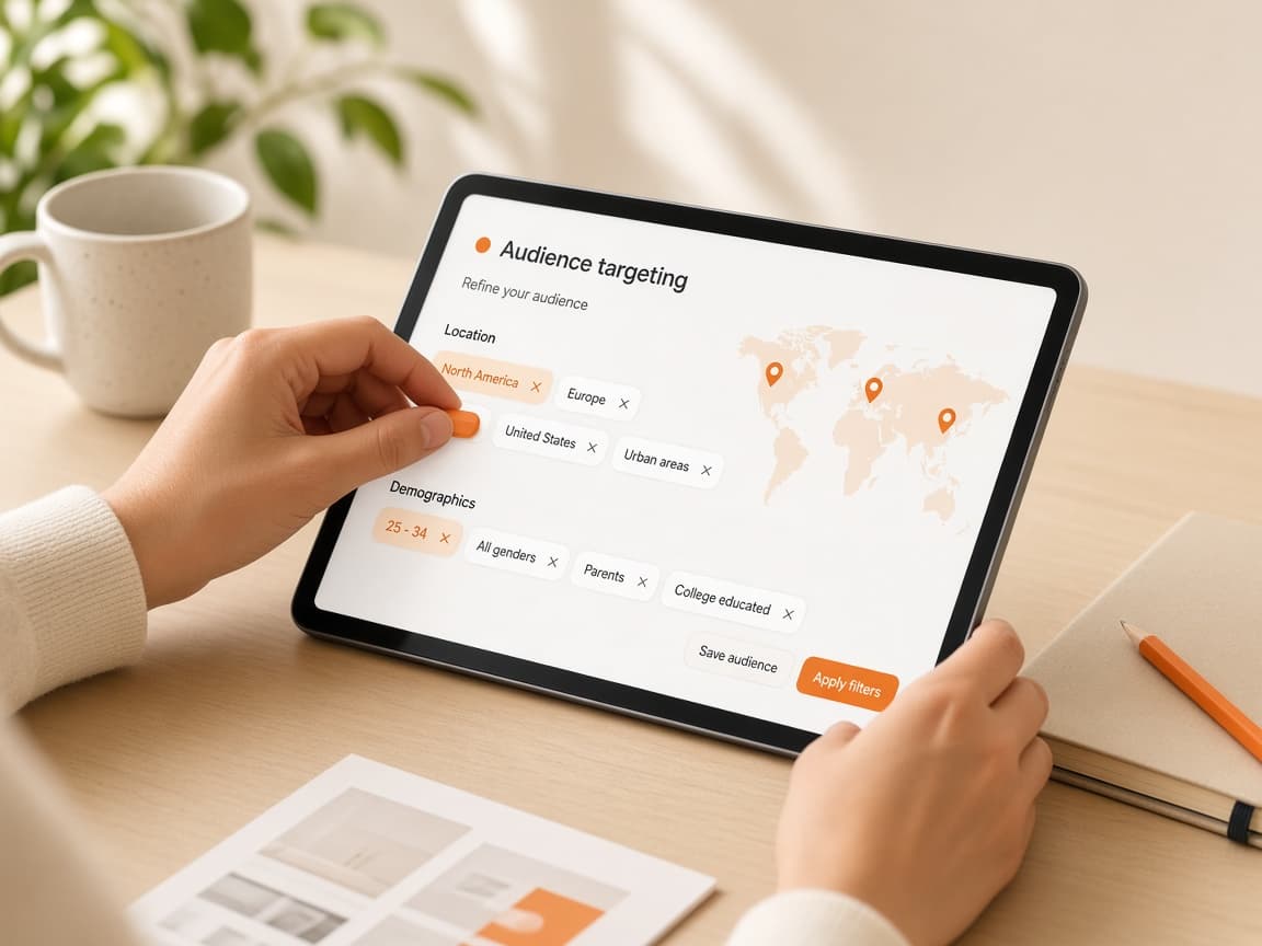 Hands setting audience filters on a tablet