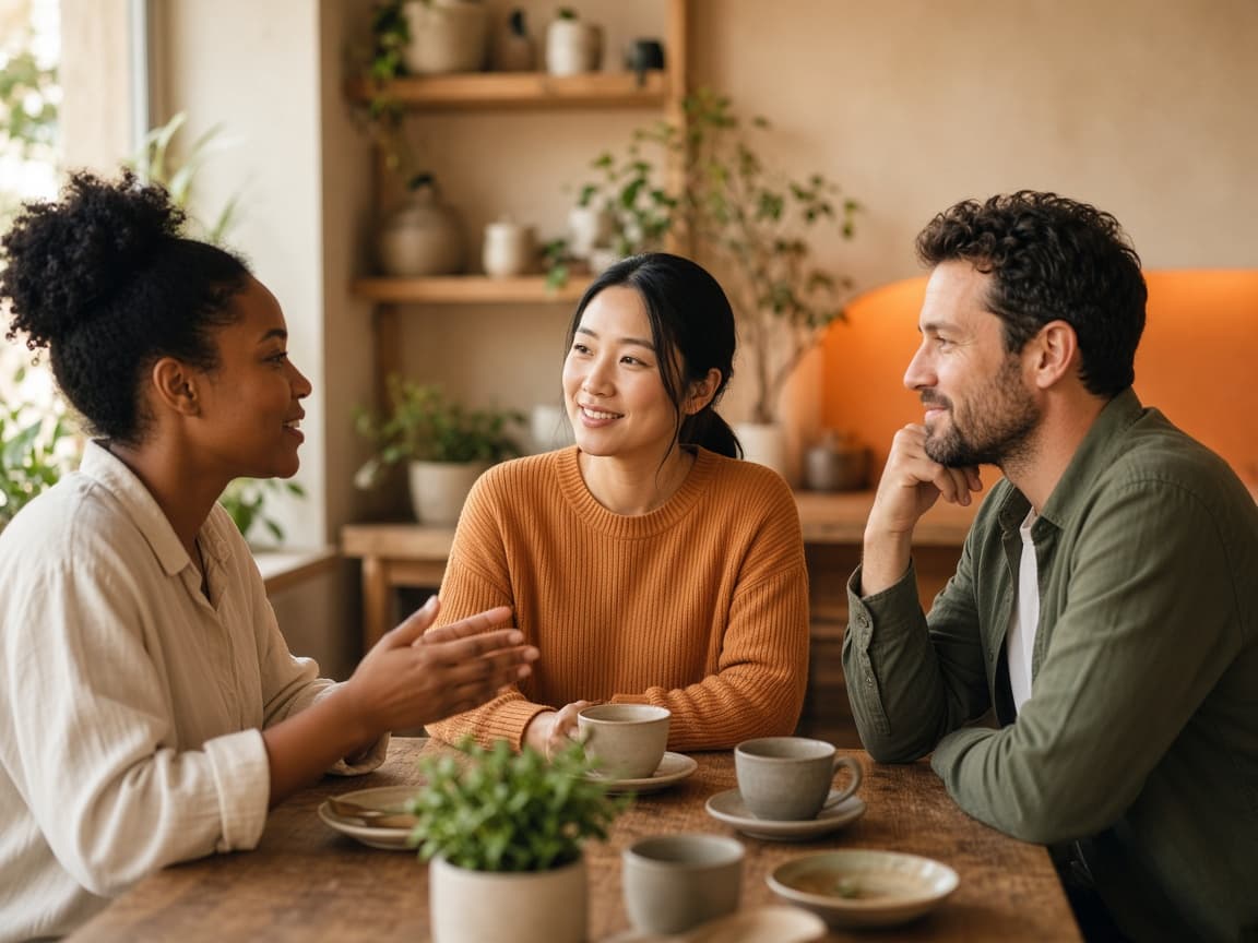 People talking together in a warm interview setting